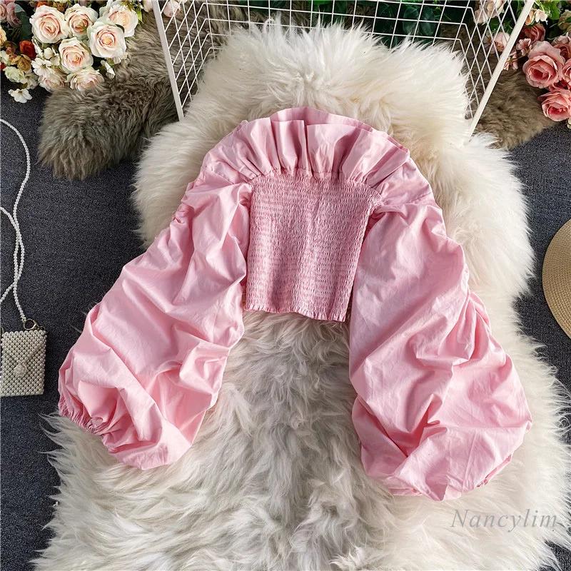 

Sexy Top Women Ruffled Off-Neck Off-Shoulder Long Puff Sleeves Tight Stretch Waist Shirt Fashion Short Slim Lady's Blusas Blouse