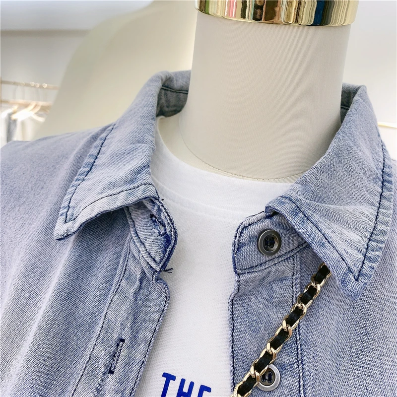 

2021 Spring Autumn Loose Gradient Color Women Denim Shirt New Korean Retro Plus Size Top Long Sleeve Bandage Fashion Blusas