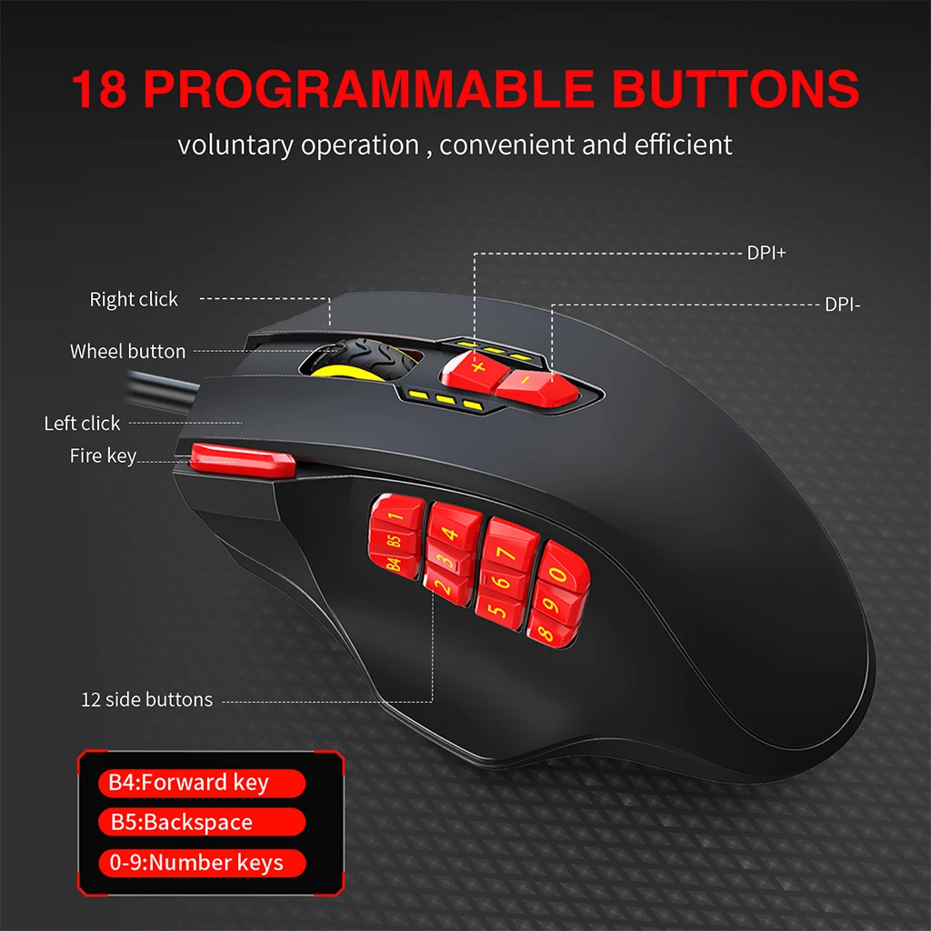 

18-Buttons USB Wired Mouse with 12 Programmable Side Buttons Adjustable Weights 4000dpi Corded Gaming Mouse Home Office