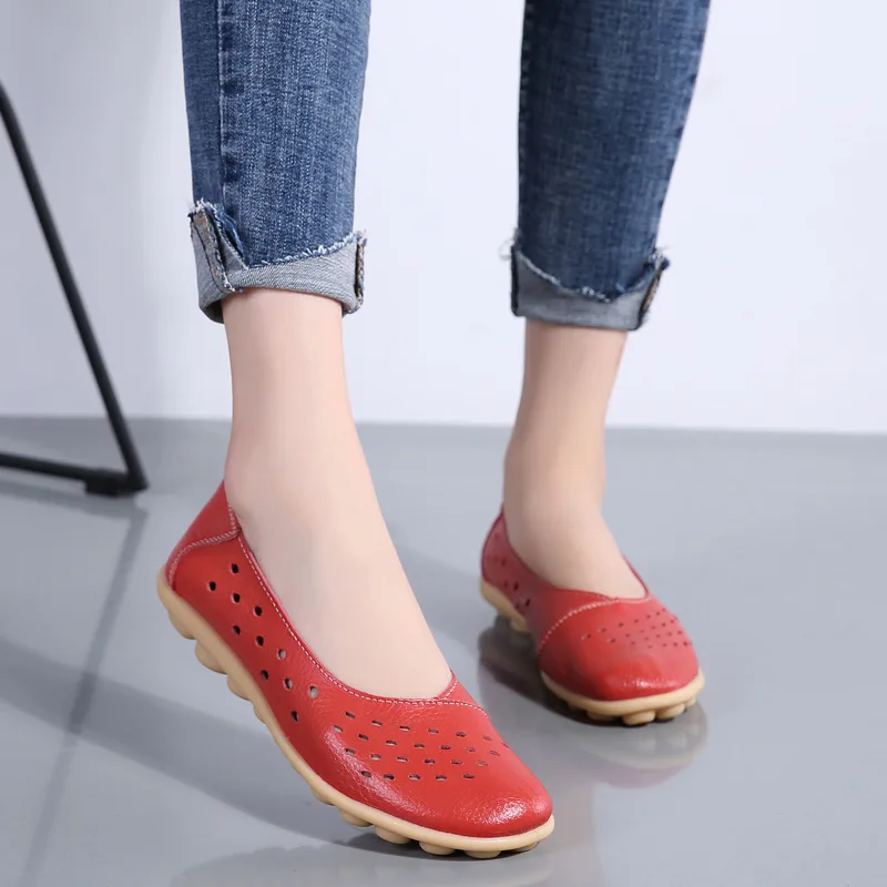

Genuine Leather Women Flats New Cut-Outs Summer Shoes Woman Hollow Women's Loafers Female Solid Shoe Large Size 35-44