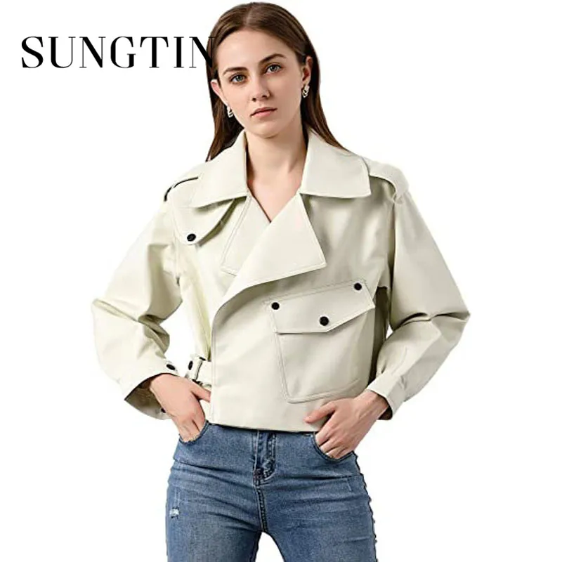 

Sungtin Oversized Faux Leather Jacket Women 2021 Soft Loose Motor Biker Pu Leather Coat Autumn Rocker Black Jackets Streetwear