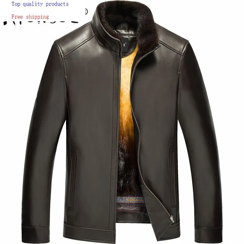 Натуральная кожаная куртка мужская зимняя Золотая норковая меховая подкладка