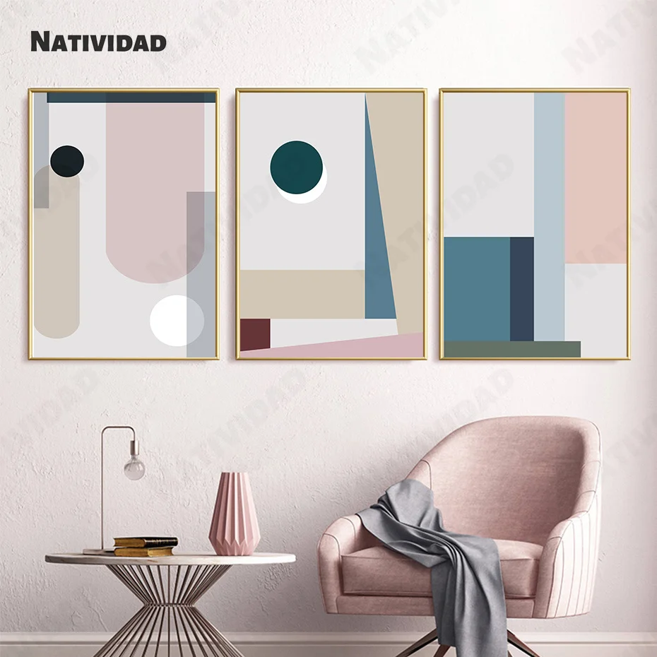 

Minimalist Round Square Stitching Painted Canvas Painting Macaron Color Wall Art Print Poster Living Room Home Decoration