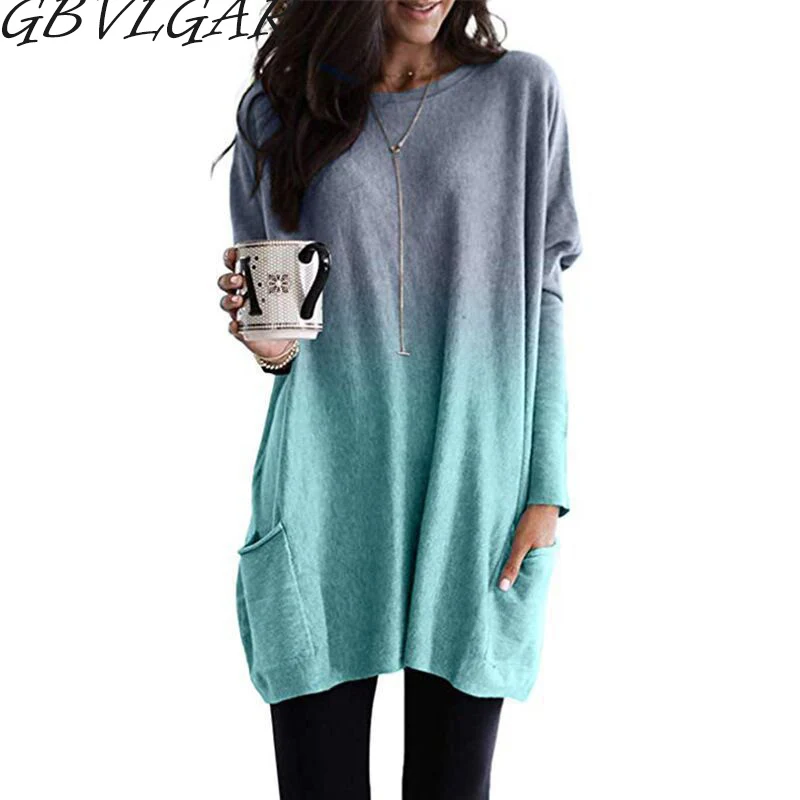 

Women 2021 Autumn Pocket Long T-shirt Tops Plus Size Round Neck Long Sleeve Gradient Color Loose Casual T Shirt Female Pullover