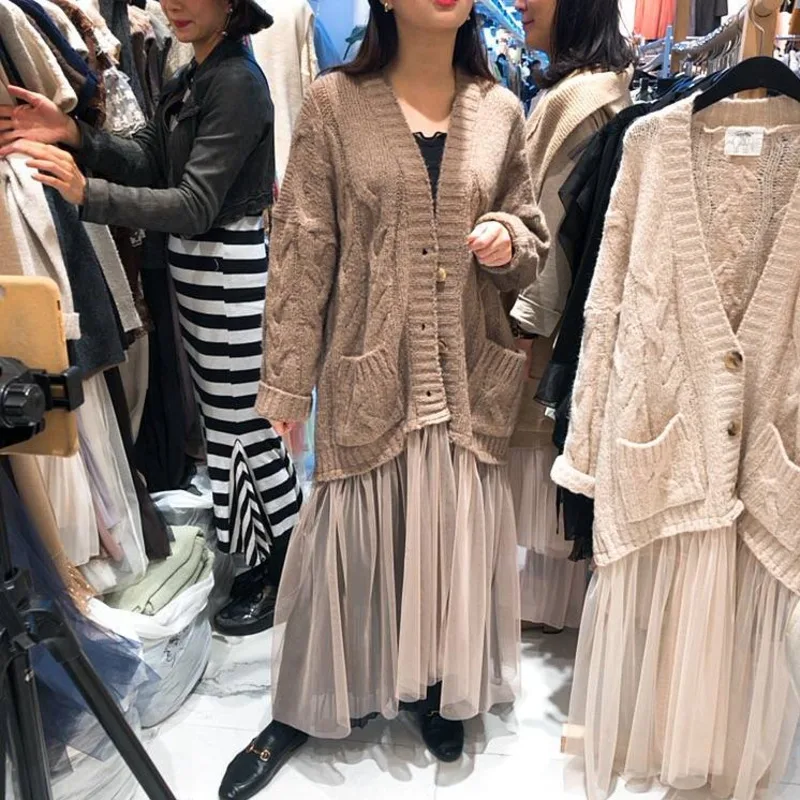 [EWQ] Новинка весны 2020 винтажный кардиган с v образным вырезом и сеткой вязаный в