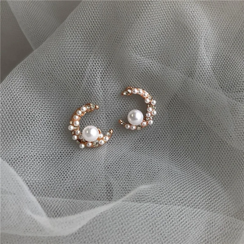 Женские серьги с имитацией жемчуга гвоздики Луной и стразами бижутерия для