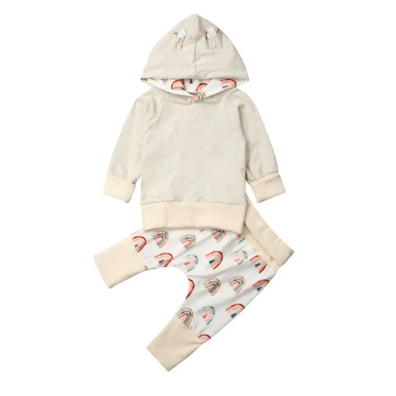 Infant Baby Boy Girl Autumn Clothes Hooded Tops Rainbow Stripes Long Pants Outfit Set Spring Clothing | Детская одежда и обувь