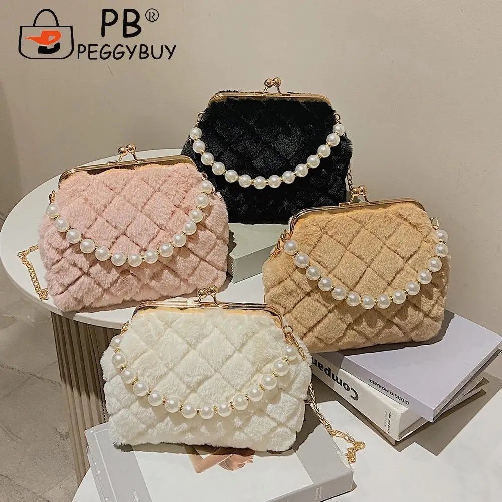

Fashion Lattice Pattern Pearl Chain Crossbody Shoulder Bag Women Portable Autumn Winter Soft Plush Solid Color Hasp Handbags