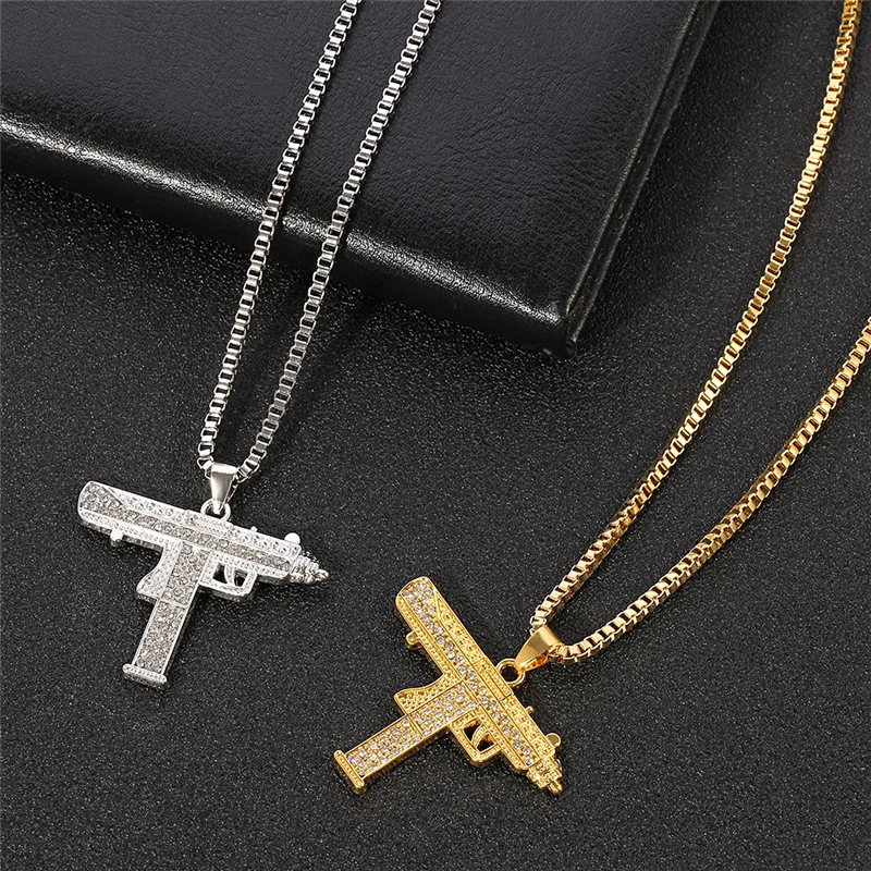 Золотое ожерелье пистолет УЗИ Кулон Ожерелье для мужчин сплав полный кристалл