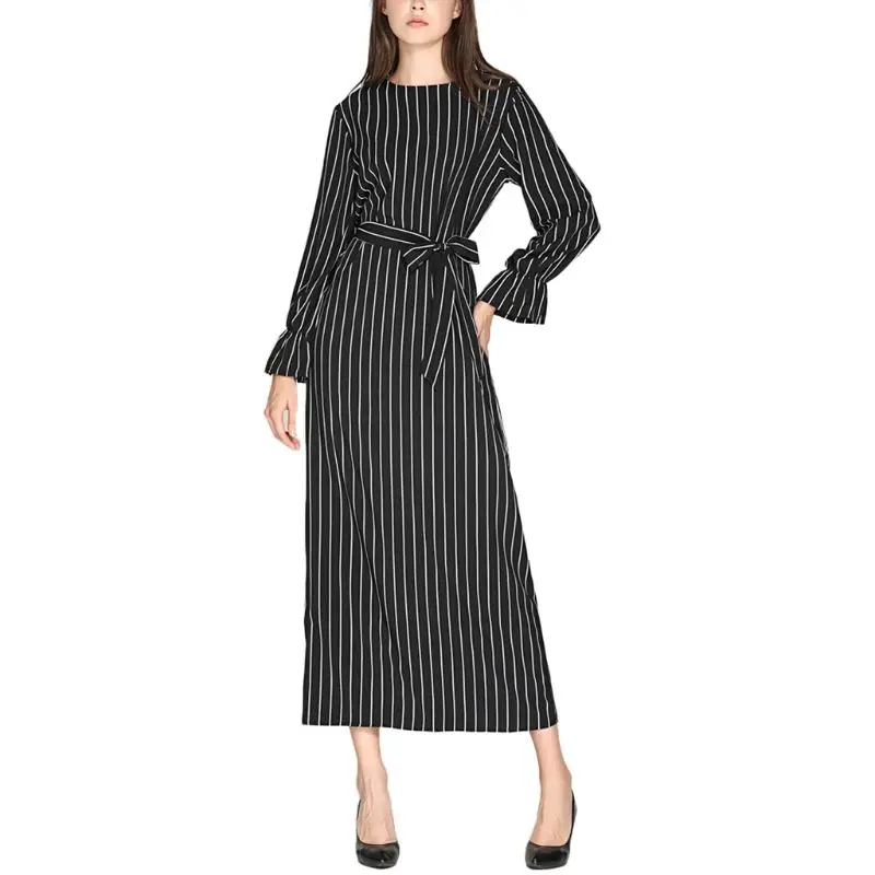 

Women Lady Islamic Muslim Flare Sleeve Maxi Long Dress Vertical Stripes O-Neck Belted High Waist Casual Pullover Slim Tunic Gown