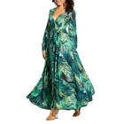 Женское пляжное платье, длинный сарафан в стиле бохо, с V-образным вырезом, лето, 2021, Платье макси с длинным рукавом