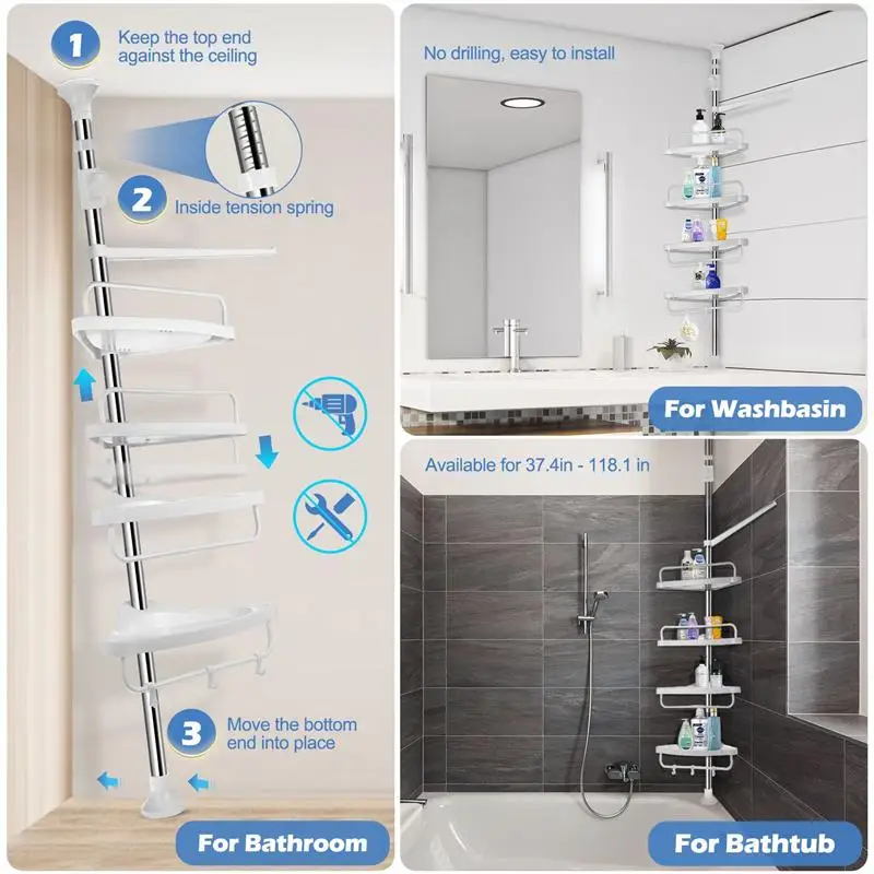

4 Tiers Telescopic Shower Corner Caddy Rustproof Plastic Bathroom Storage Rack Toiletries Organizer