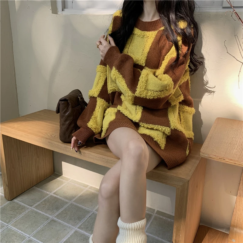 

Winter retro checkerboard knitted lazy wind thick loose sweater