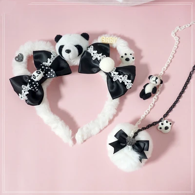 

Cute Panda Lolita KC Furry Soft Gil Kawaii Bowknot Hair Clasp Cosplay Costume Accessory Chain Headress Necklace