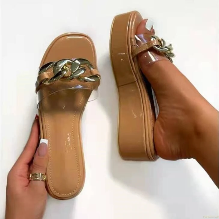 

Hot women new candy color slippers large size fashion big chain one-word drag open toe thick bottom 43 size sandals/slippers