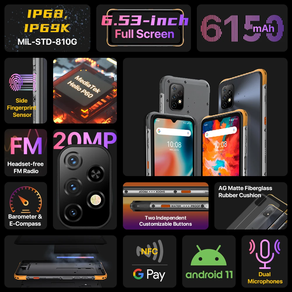 UMIDIGI BISON X10 X10 Pro Global Version Smartphone NFC IP68 Cellphone 64GB/128GB Helio P60 20MP Triple Camera 6.53"HD+ 6150mAh