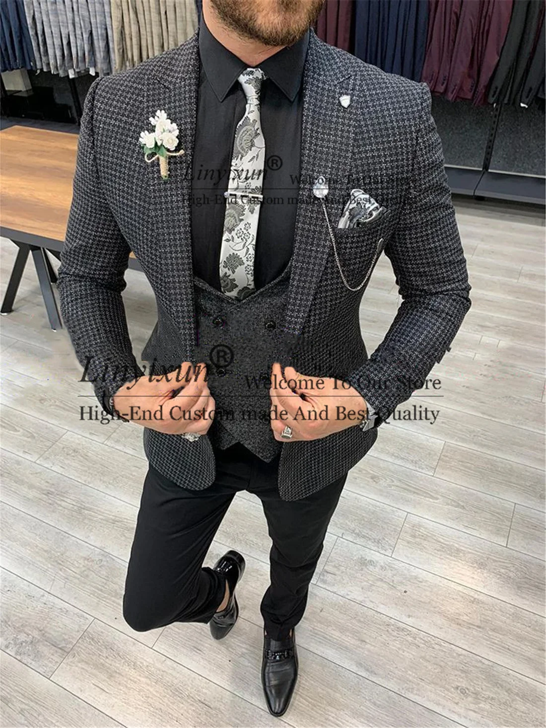 

Dark Gray Houndstooth Plaid Mens Suit Slim Fit 3 Pieces Jacket Vest Pants Set Groom Wedding Tuxedos Business Male Dinner Brazer