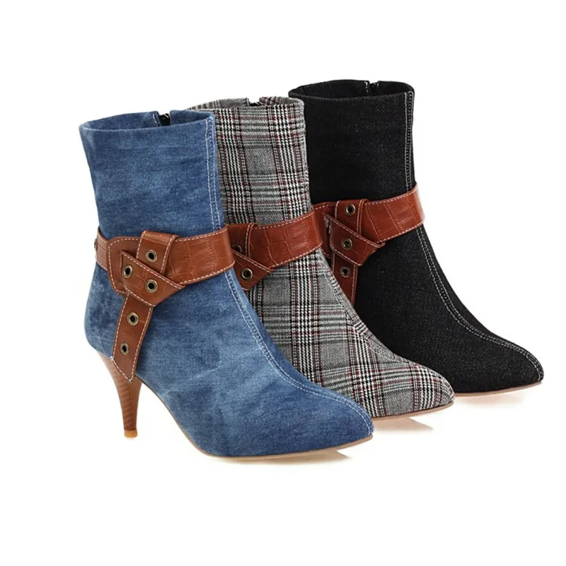 

LeShion Of Chanmeb Spike Heels Ankle Boots Women's Denim Blue Jean Boots Ladies Sweet Bow Plaid Shoes Autumn Winter Plus Size 43