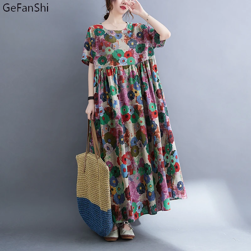 

New Spring Summer Women Dresses Casual Short Sleeve Loose Print Dress Fashion Elegant Long Dress Clothing Robe