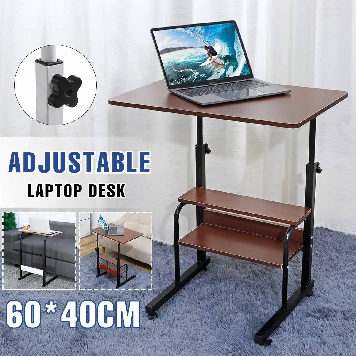 

60*40cm Adjustable Wooden Writing Desk with Wheels Portable Study Table Laptop Stand Computer Notebook Table for Bed