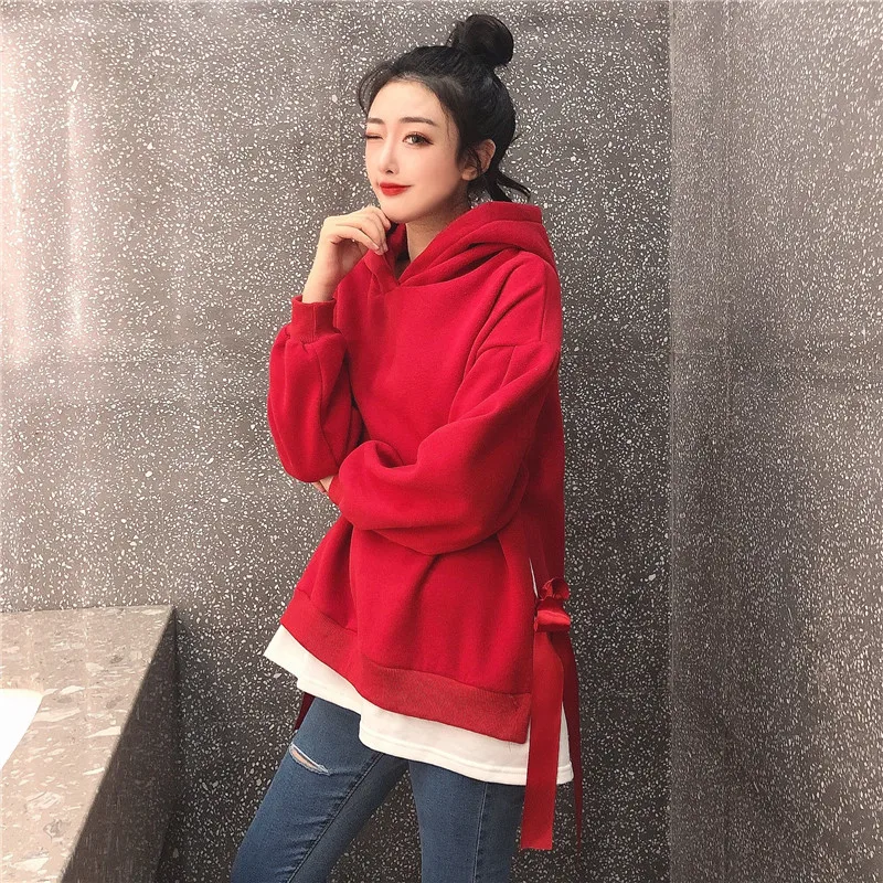 Hoodies Women Hooded Solid High Quality Warm Korean Style Loose Drawstring Harajuku Womens Casual Students Thicker Velvet Girls - Цвет: red