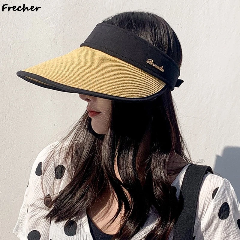 

Summer New Women straw Hat Fashion Korean metal bow grass woven Empty top Beach Sun Visor hat bowknot women's outdoor trip Hats