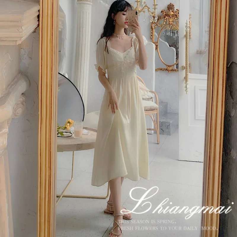 

Summer Fairy Dress Women Elegant French Style Lace Chiffon Dress Casual Korean Style Puff Sleeve Vintage Retro Dress Women 2021