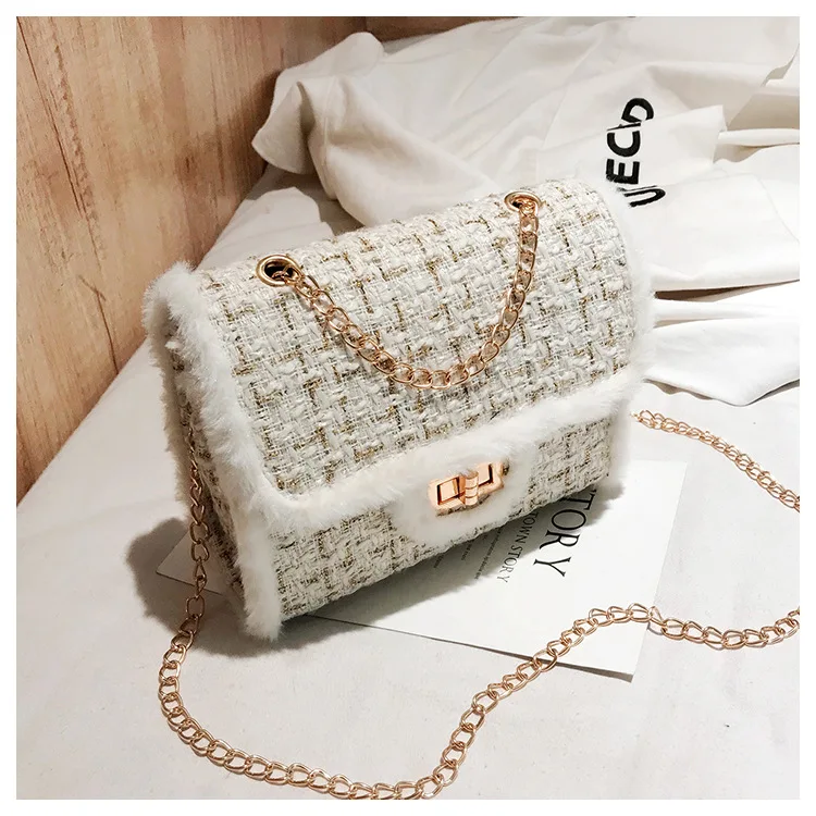 

Fashionable Wild Chain Women Handbags Winter Luxury Handbags Designer Small Messenger Bags Wool Shoulder Crossbody Turn Lock Bag
