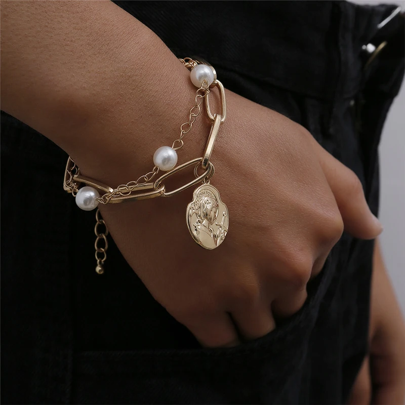 

2021 New Fashion Gold Metal Multilayer Pearl Chain Bracelets Women's Beaded Pendant Chain Bangle Bracelets Trendy Jewelry Gift