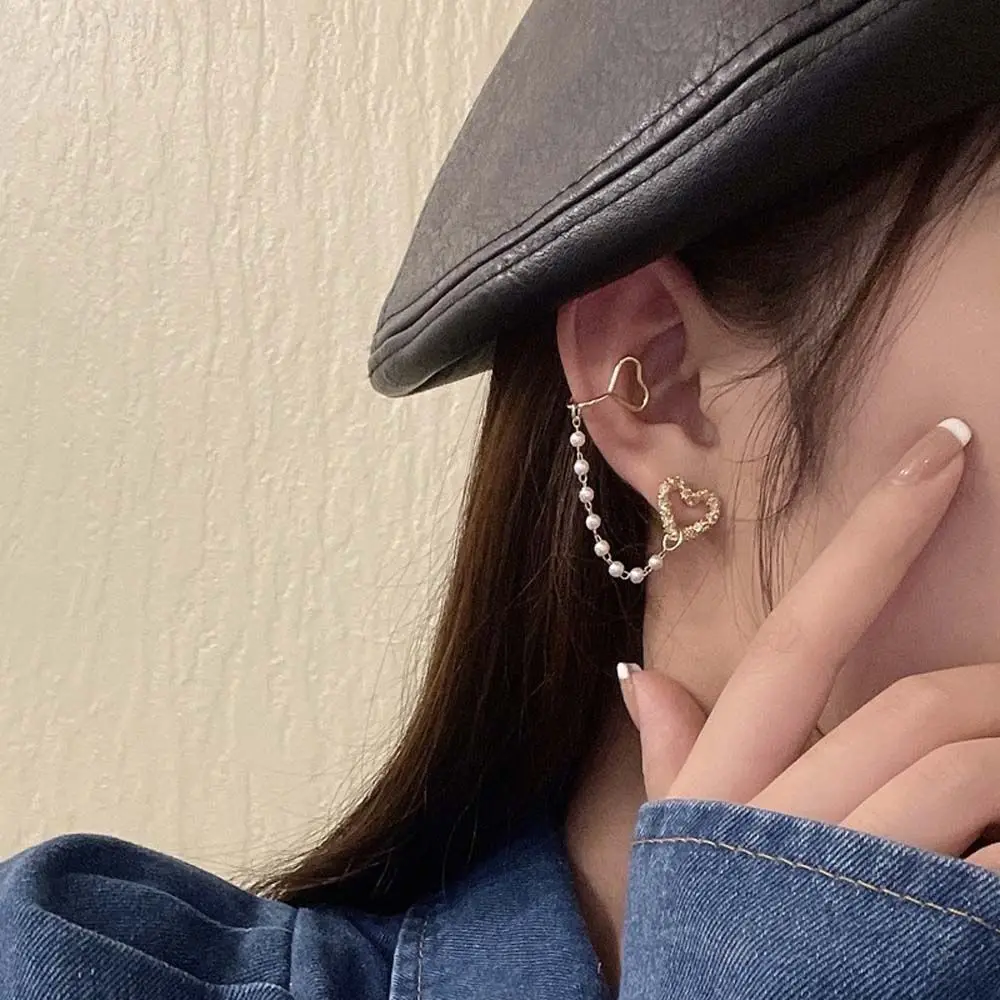 

Korean Style Jewelry Love Heart Pearl Metal Chains Tassel Ear Bone Clip Ear Clips Heart Stud Earrings Women Earrings