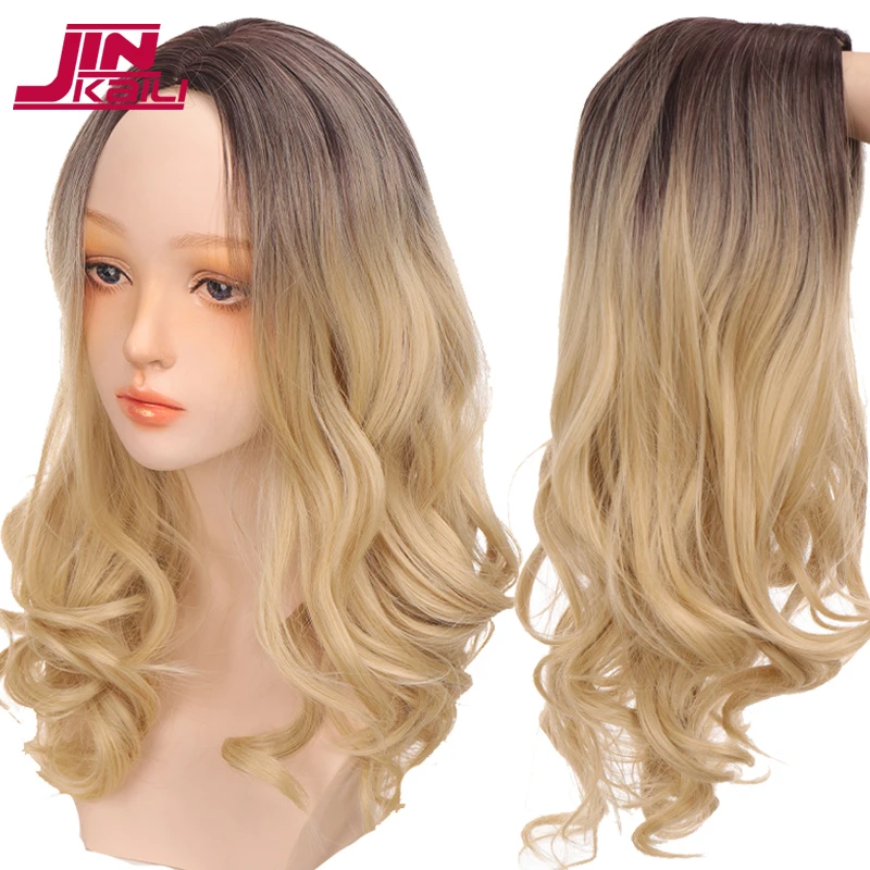 

JINKAILI 20'' Synthetic Hair Wig Black Ombre Brown Blonde Fake Hair Medium Wave Wig for Black Women Daily False Hair