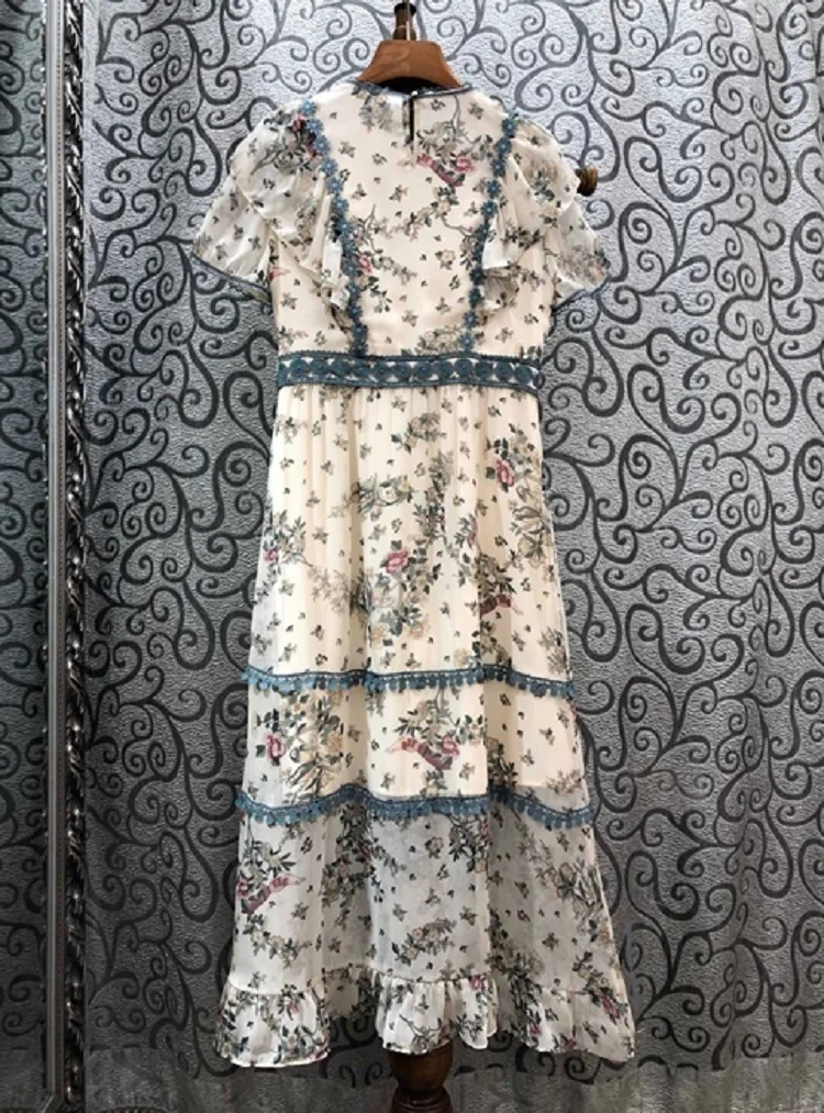 

Quality Designer Top Dress 2021 Summer Fashion Ladies Runway Print Appliques Lace Patchwork Short Sleeve Mid-Calf Length Dress