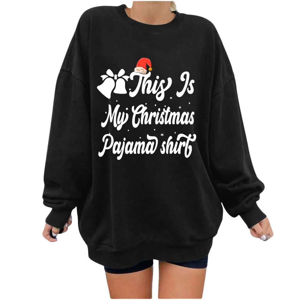 

This Is My Christmas Pajama Funny Merry Christmas Sweatshirt Cute Xmas Long Sleeves Top Christmas Hat Bell Pattern Sweatshirt