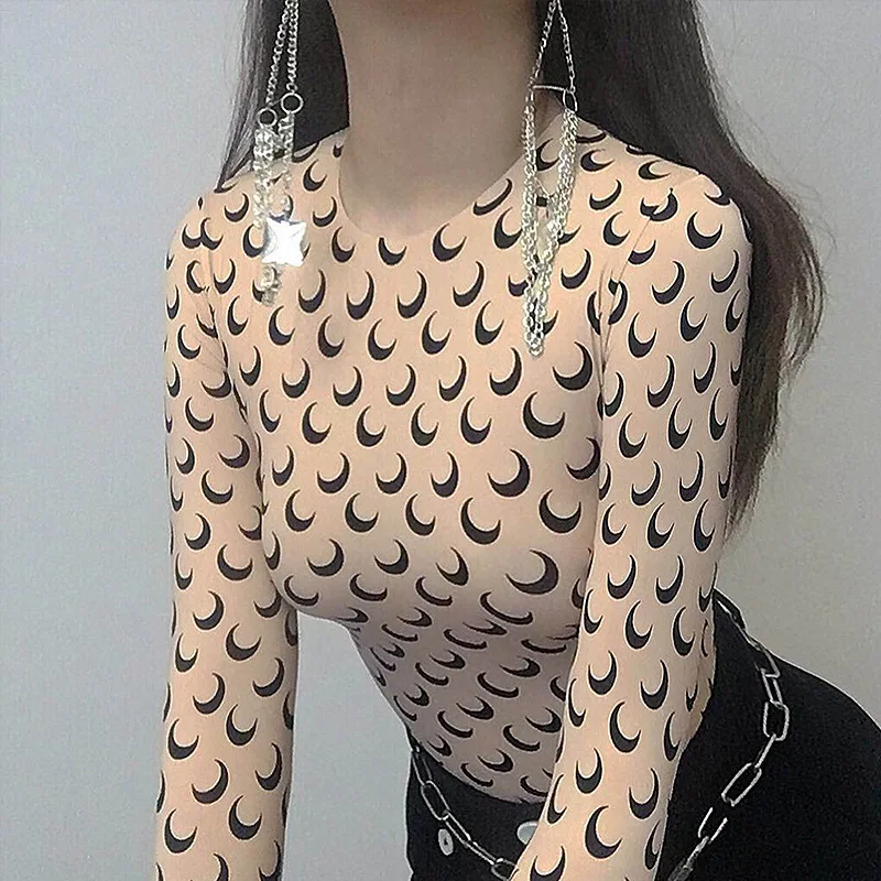 

White T-shirt ladies tight-fitting moon long-sleeved 2021 autumn and winter new tops Slim new style bottoming shirt 4xl