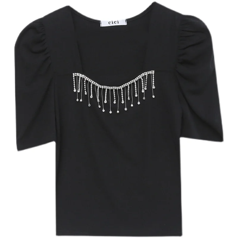 

New 2021 Summer Short Sleeve Women's t-shirt Fashion Casual Square Collar Tassel Sexy Mesh Tops Shirt Plus Size Blusas