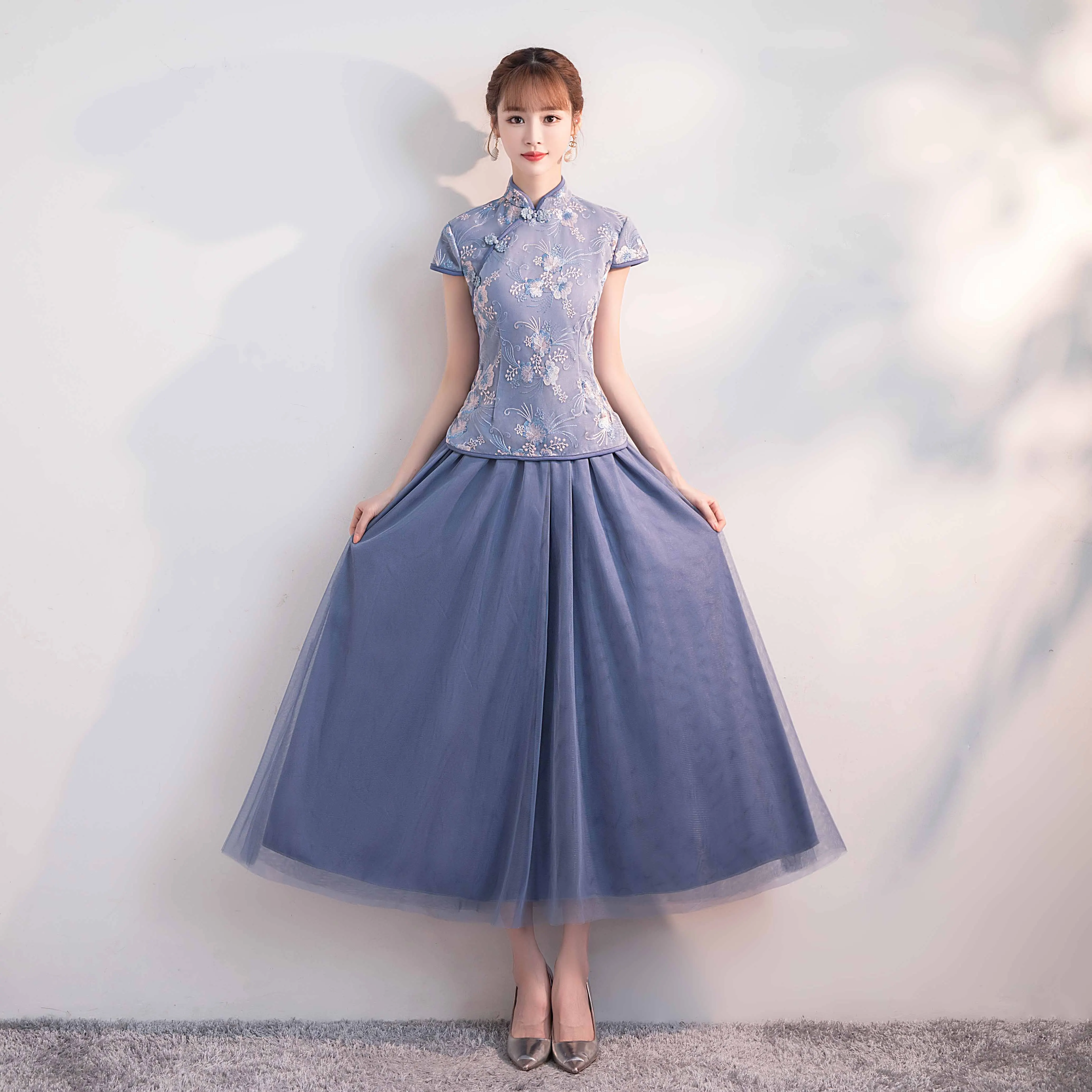 Женское платье с вышивкой синее фатиновое для свадебной вечеринки выпускного