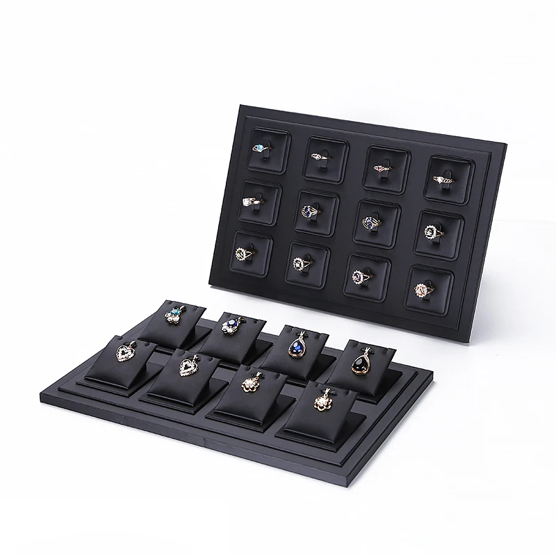 Luxury Black Pu Leather Ring Jewelry Display Tray Insert Charm Pendant Earring Accessories Retail Jewelry Store Window Showcase