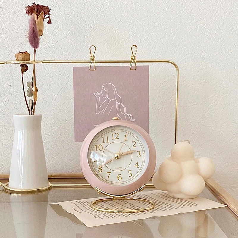 

Metal table clock with convex glass ring base Bedside alarm clock Quartz clock Silent home decoration ornaments with night light