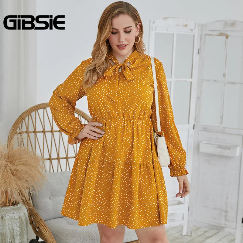 Женское платье в горошек GIBSIE размера плюс элегантное мини стиле ретро с длинным