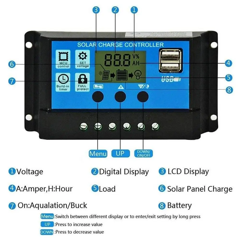 PWM 60A 50A 40A 30A 20A 10A Контроллер заряда и разряда солнечной батареи 12В 24В