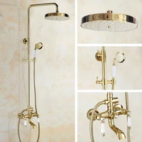gold color brass two ceramic handle wall mounted bathroom rain shower head bath tub faucet set telephone shape hand spray mgf375