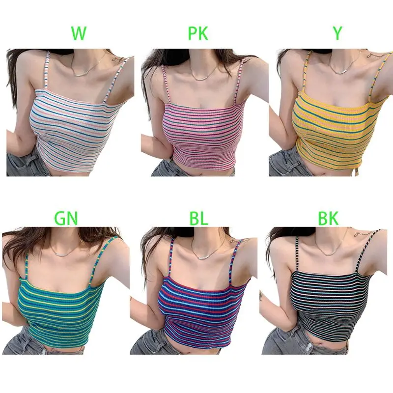 Женский летний укороченный топ с контрастными цветными полосками на тонких