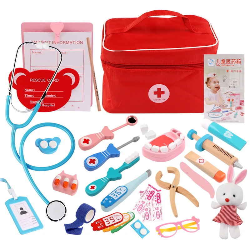 Kids Toys Doctor Set for Kids Children Kit Games for Girls Boys Pretend Play Wood Red Medical Dentist Medicine Box Cloth Bag