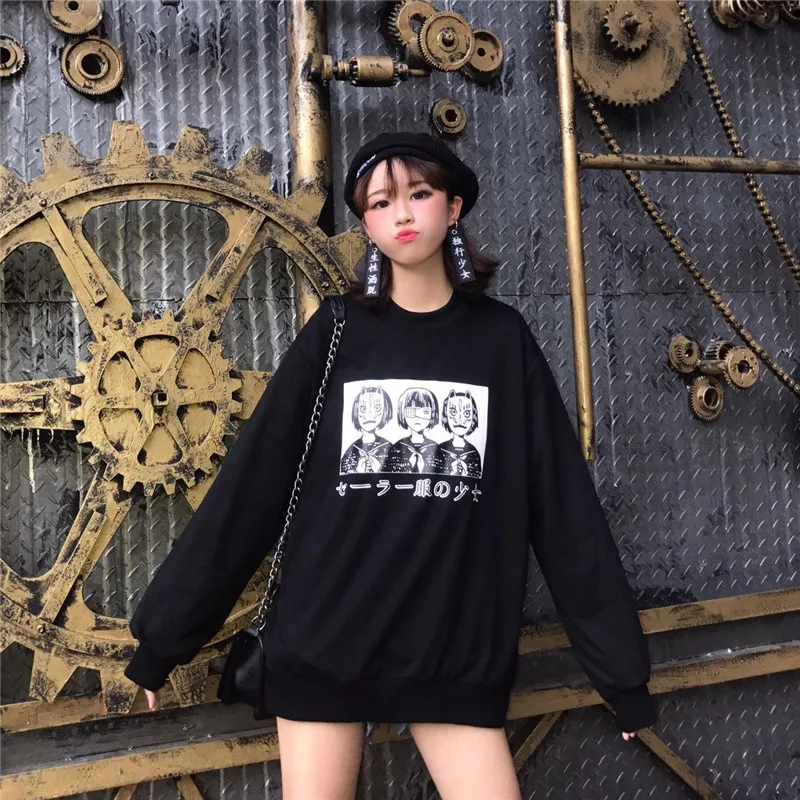 Kpop Япония Стиль аниме принтом Свитшот Харадзюку женские 3 девочки черные