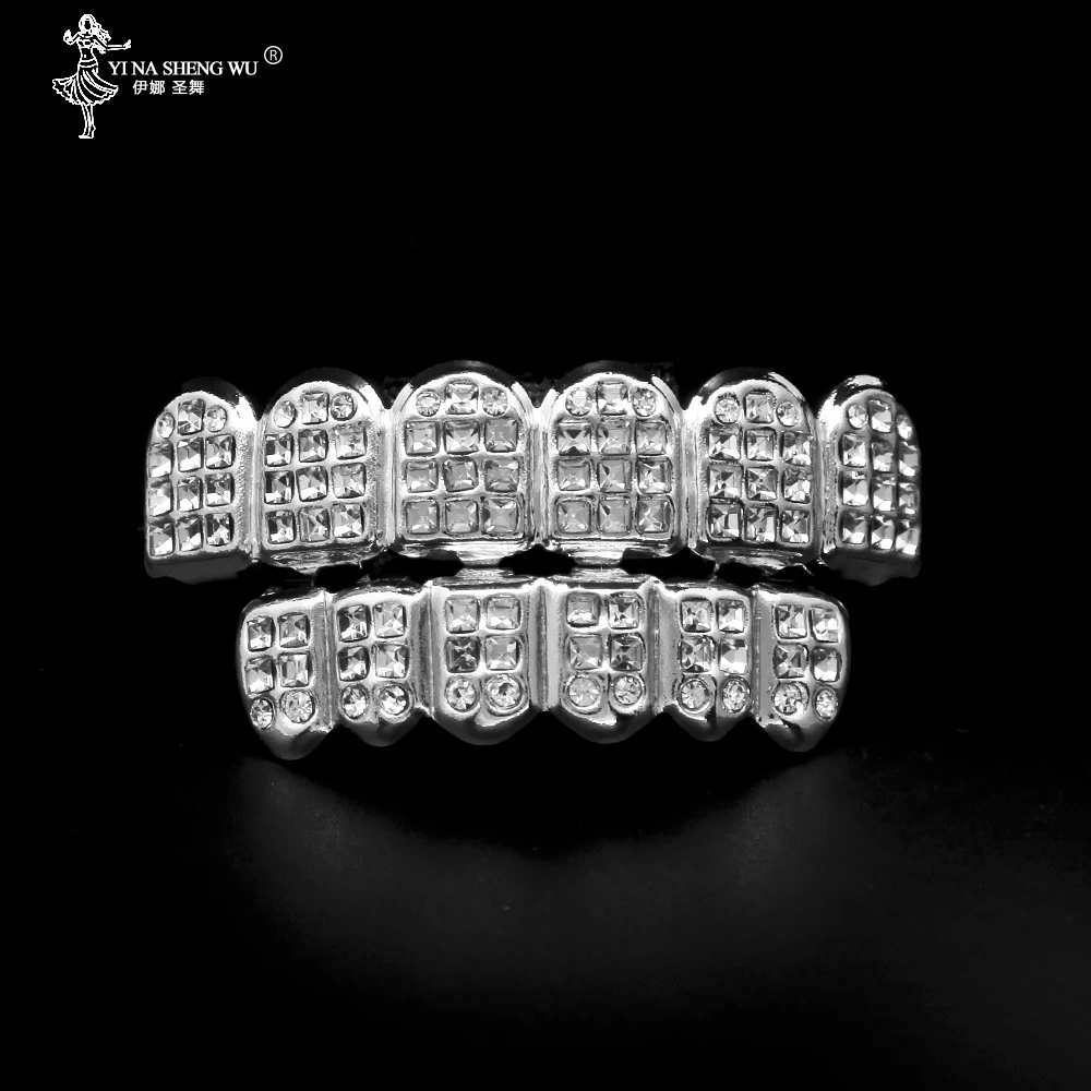 White Gold ICED OUT CZ Diamonds Teeth Top Silver Color Tone 3 Three Rows GRILL Top & Bottom Set JOKER Tooth Bling Grillz For Men