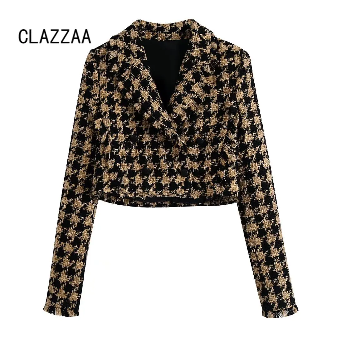 

Clazzaa Women Fashion Textured Cropped Blazer Lapel Collar Crossover V-neckline Long Sleeves Casual Chic Lady Jacket Female