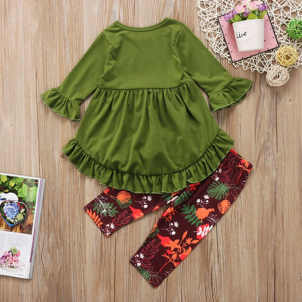 Emmababy; Новинка года; плиссированное платье для маленьких девочек; комплект одежды с длинными штанами; футболка с оборками; штаны с цветочным принтом; рождественские наряды для девочек