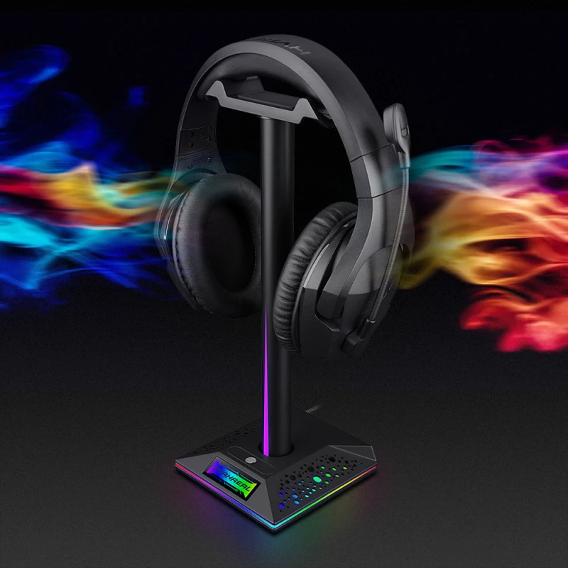 

Подставка для наушников EB01RGB, управление отпечатком пальца, игровая гарнитура RGB, Настольный кронштейн, держатель для телефона с 2 USB-портами ...
