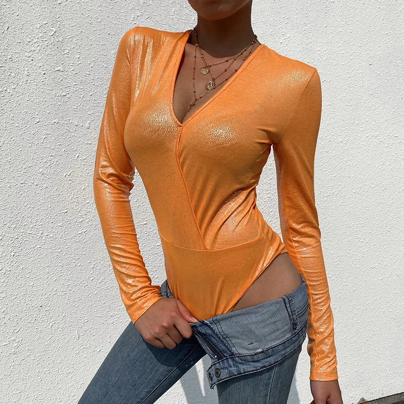 OSLLENLLA блестящий оранжевый боди с мокром эффектом женский сексуальный глубоким v