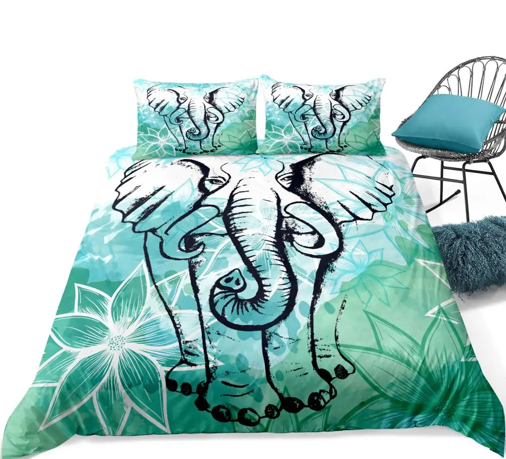 Elephant Duvet Cover Set Lotus flower Background Bedding Set Boho Quilt Cover Teen Kids Gift Bed Set Dropship Home Textiles